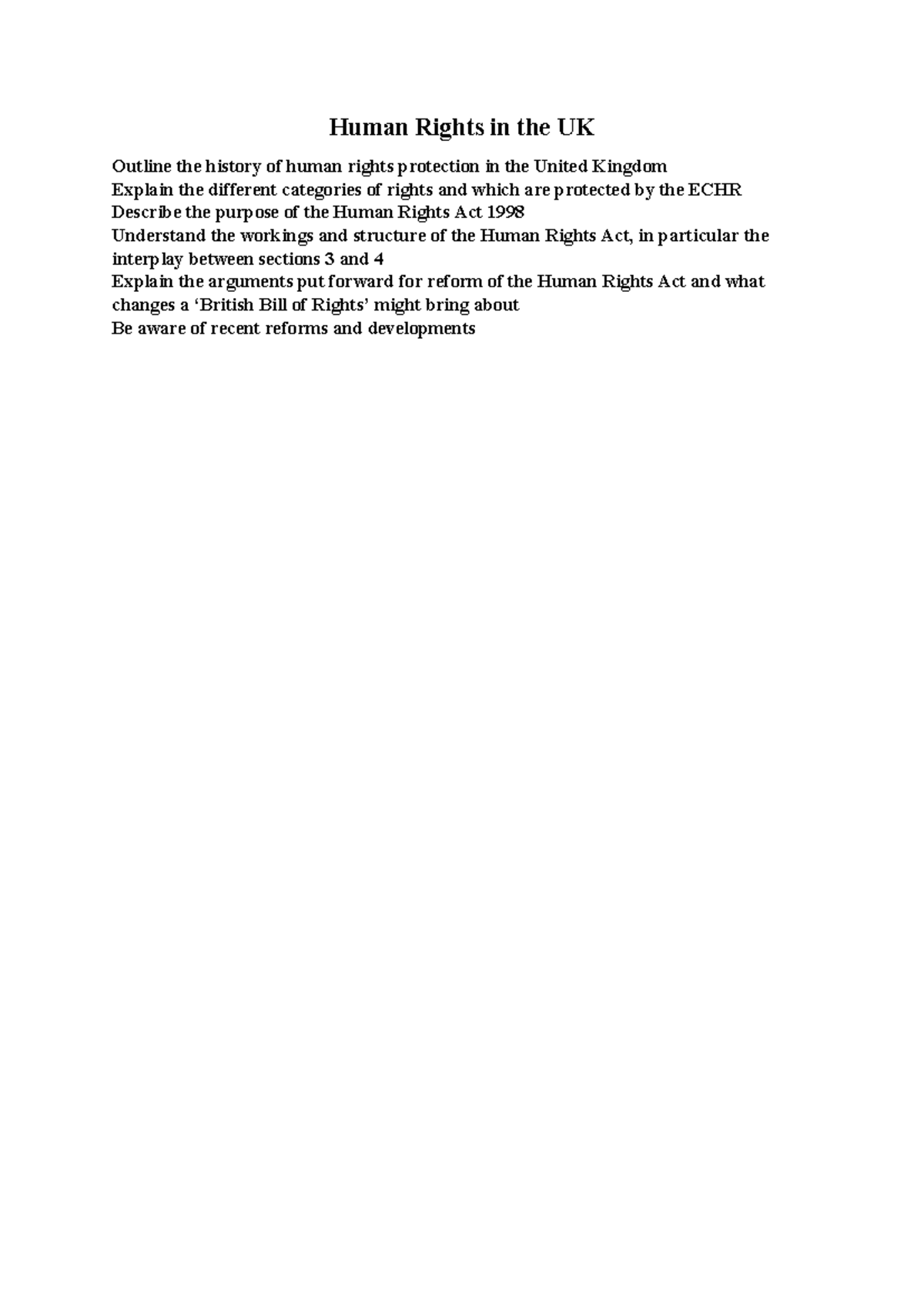 Human Rights in the UK Outline - Studocu
