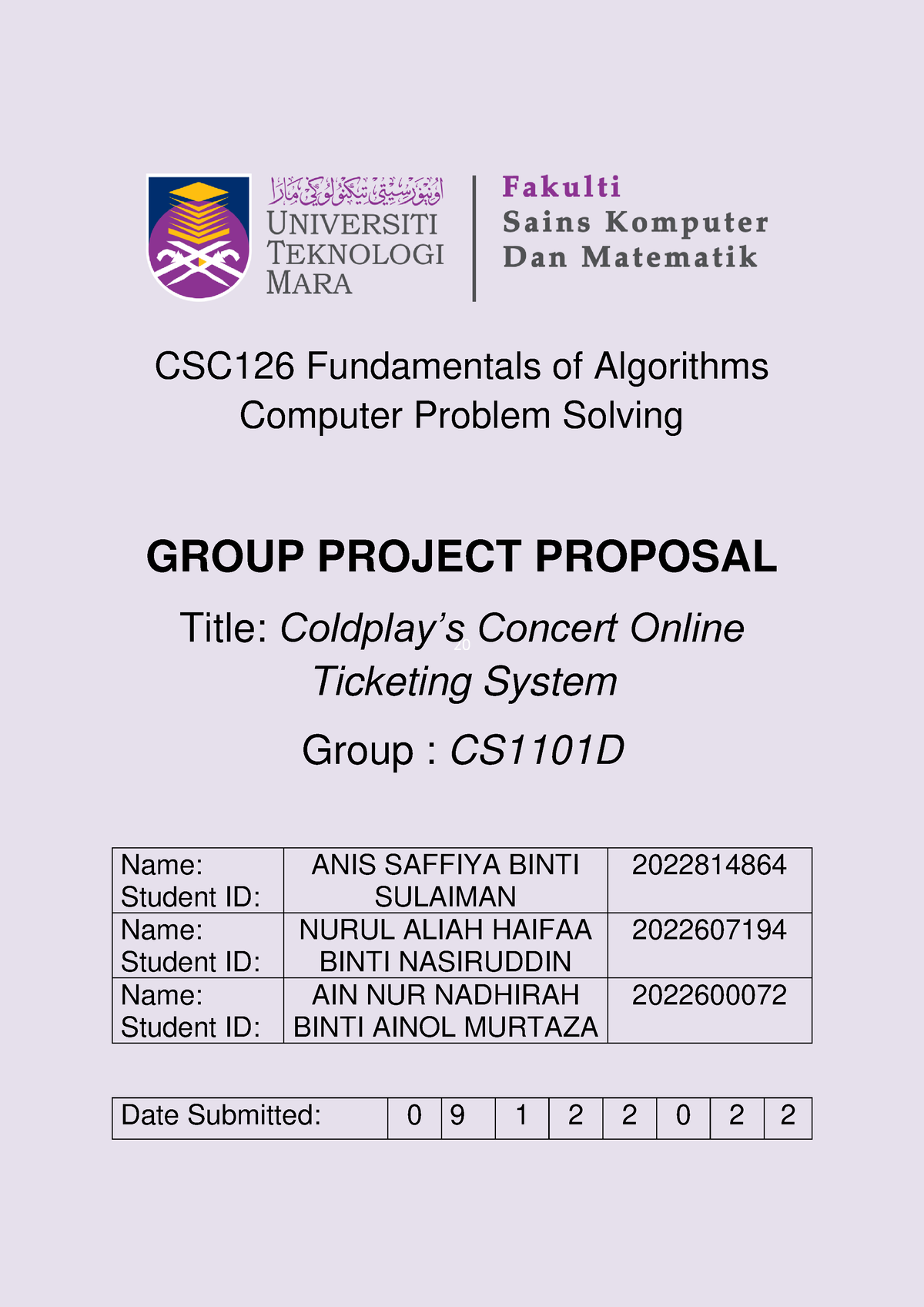 CSC126 Proposal - 20 CSC12 6 Fundamentals Of Algorithms Computer ...