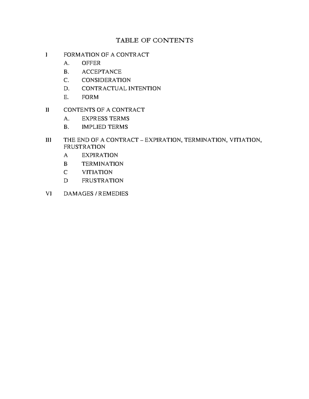 Contract law notes-pages-2-14 - TABLE OF CONTENTS I FORMATION OF A ...