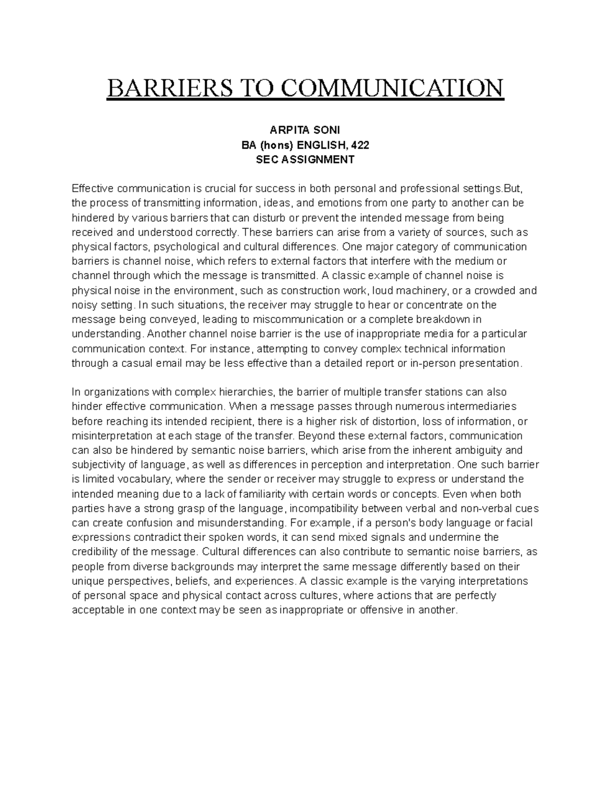 Barriers TO Communication - BARRIERS TO COMMUNICATION ARPITA SONI BA ...