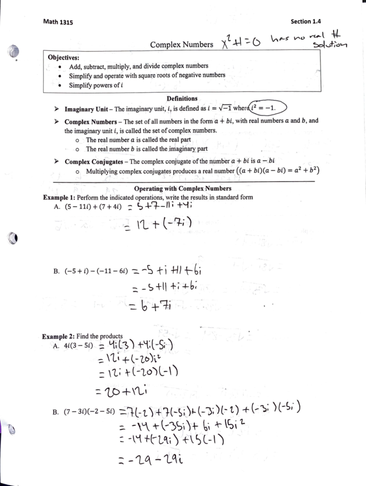 1.4 notes - complex numbers - 0 Math 1315 Section 1. 'I. 1. M :.. I ...