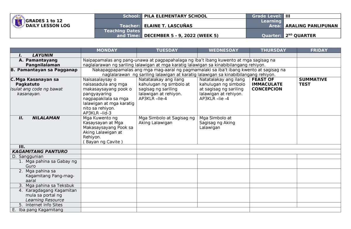 Dll Araling Panlipunan 3 Q2 W5 Grades 1 To 12 Daily Lesson Log School Pila Elementary School 1577