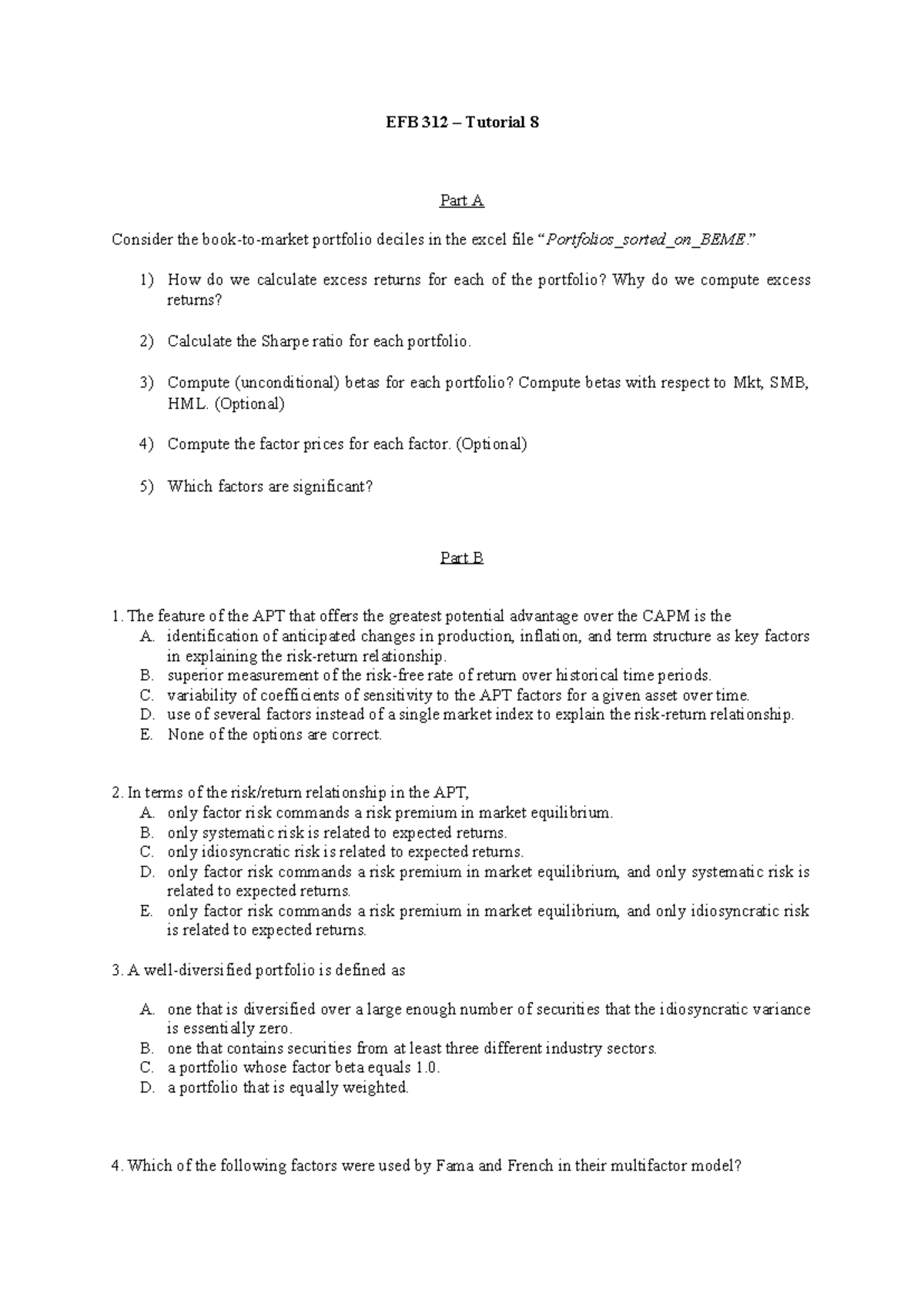 Tutorial 8 - 2022 S2 - EFB 312 – Tutorial 8 Part A Consider the book-to ...