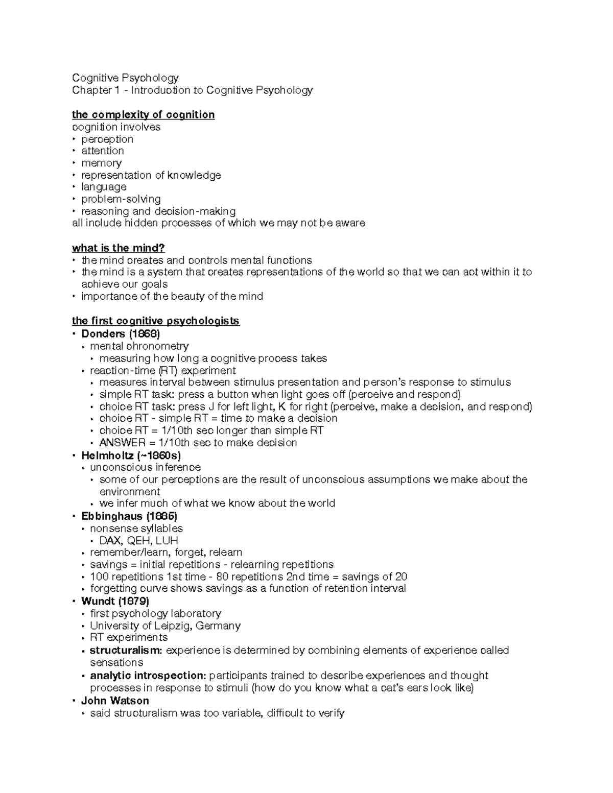 Cognitive Psych Notes Chapter 1 - Cognitive Psychology Chapter 1 ...