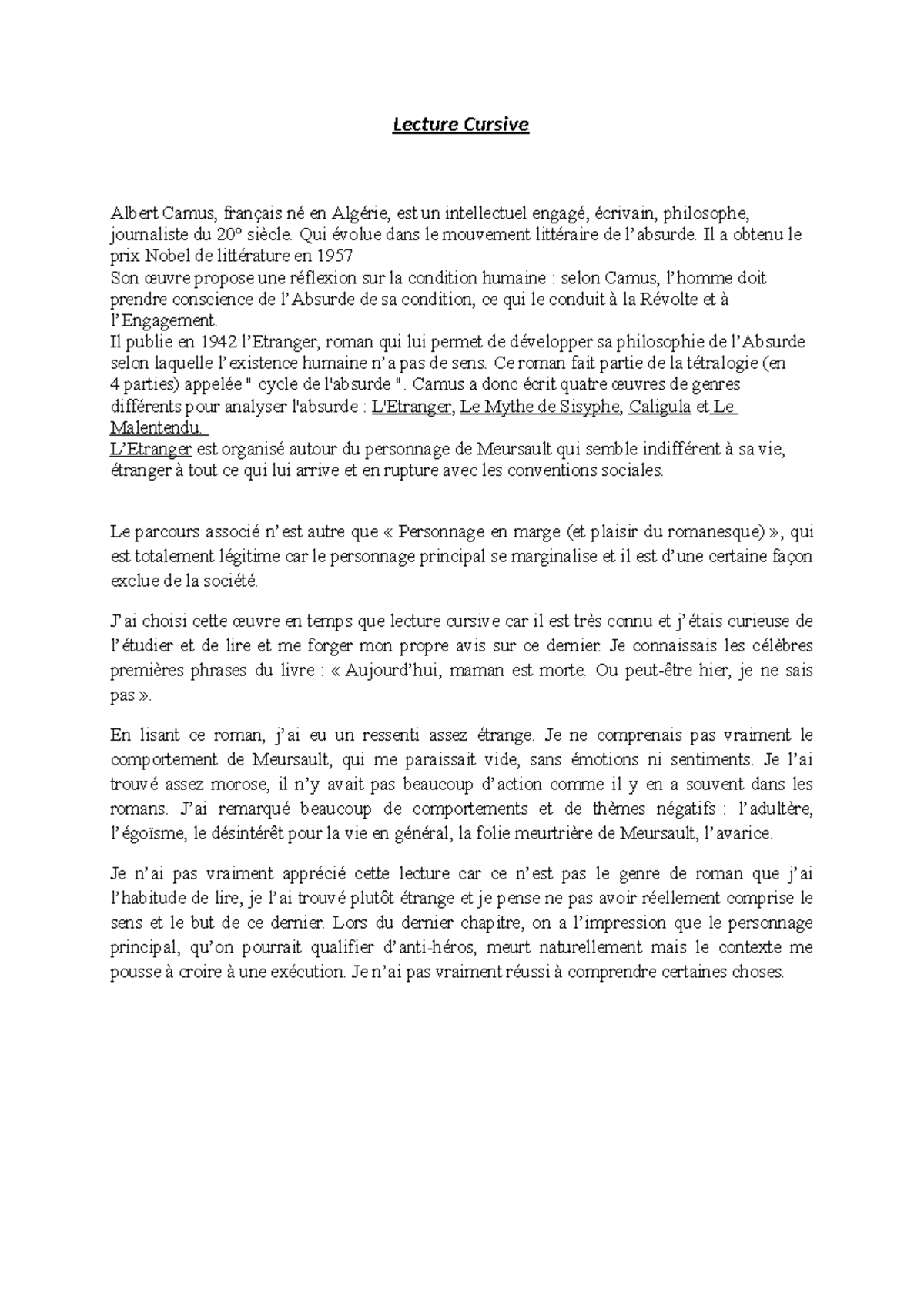 lecture cursive - Lecture Cursive Albert Camus, français né en Algérie ...
