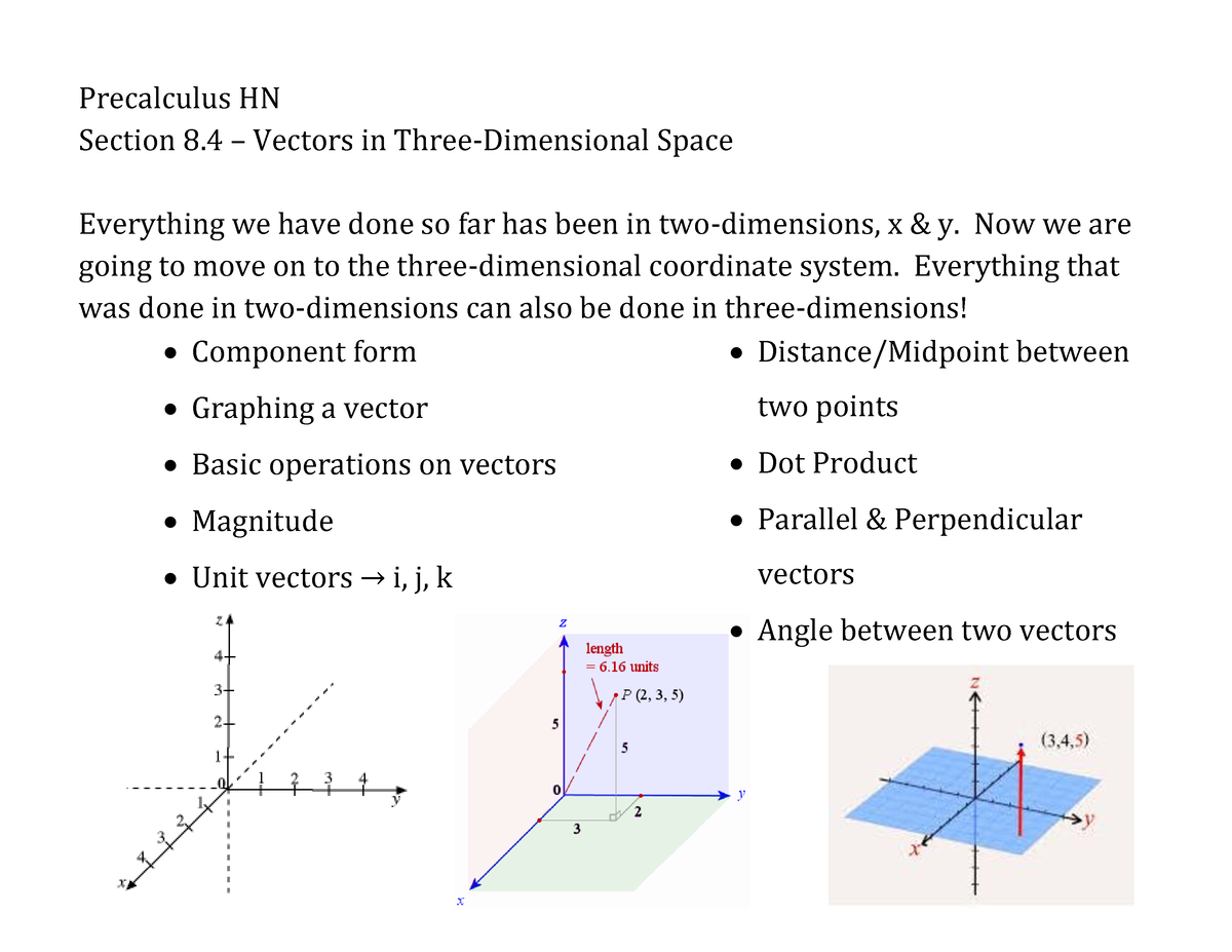 Notes8 In Class Work Precalculus Hn Section 8 Vectors In Three Dimensional Space 3574