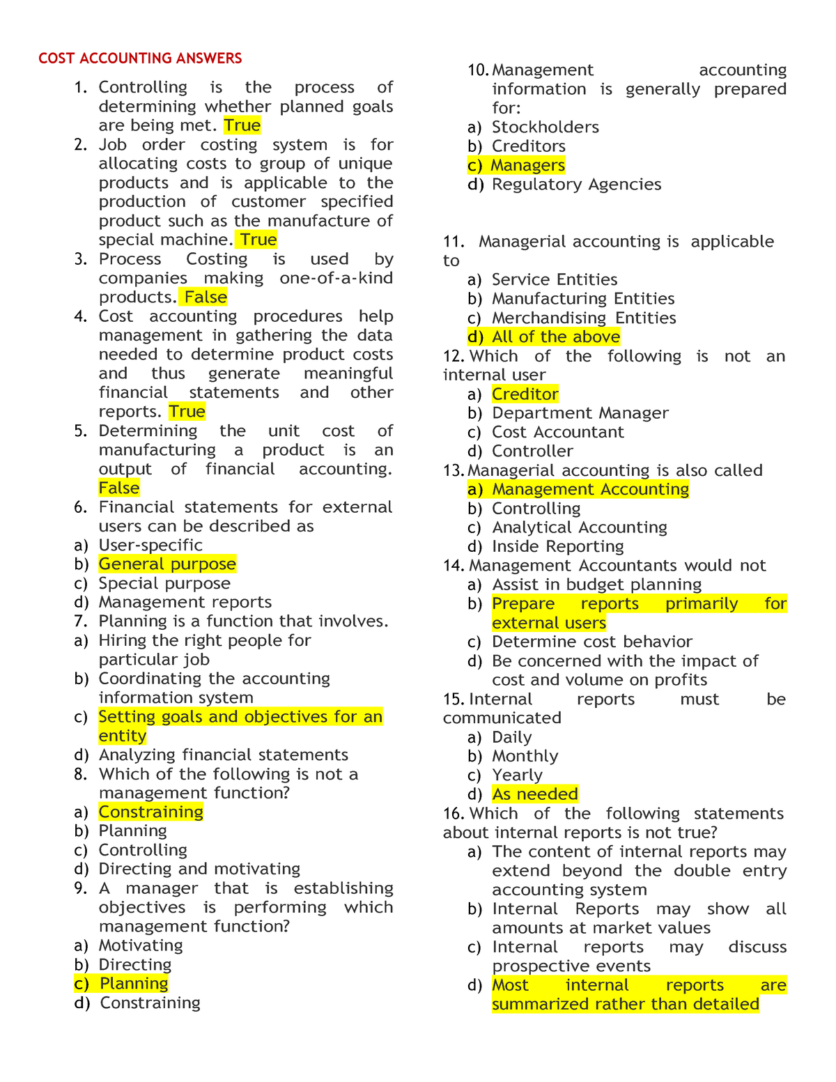 Cost Accounting Answers 1.2 - COST ACCOUNTING ANSWERS Controlling Is ...