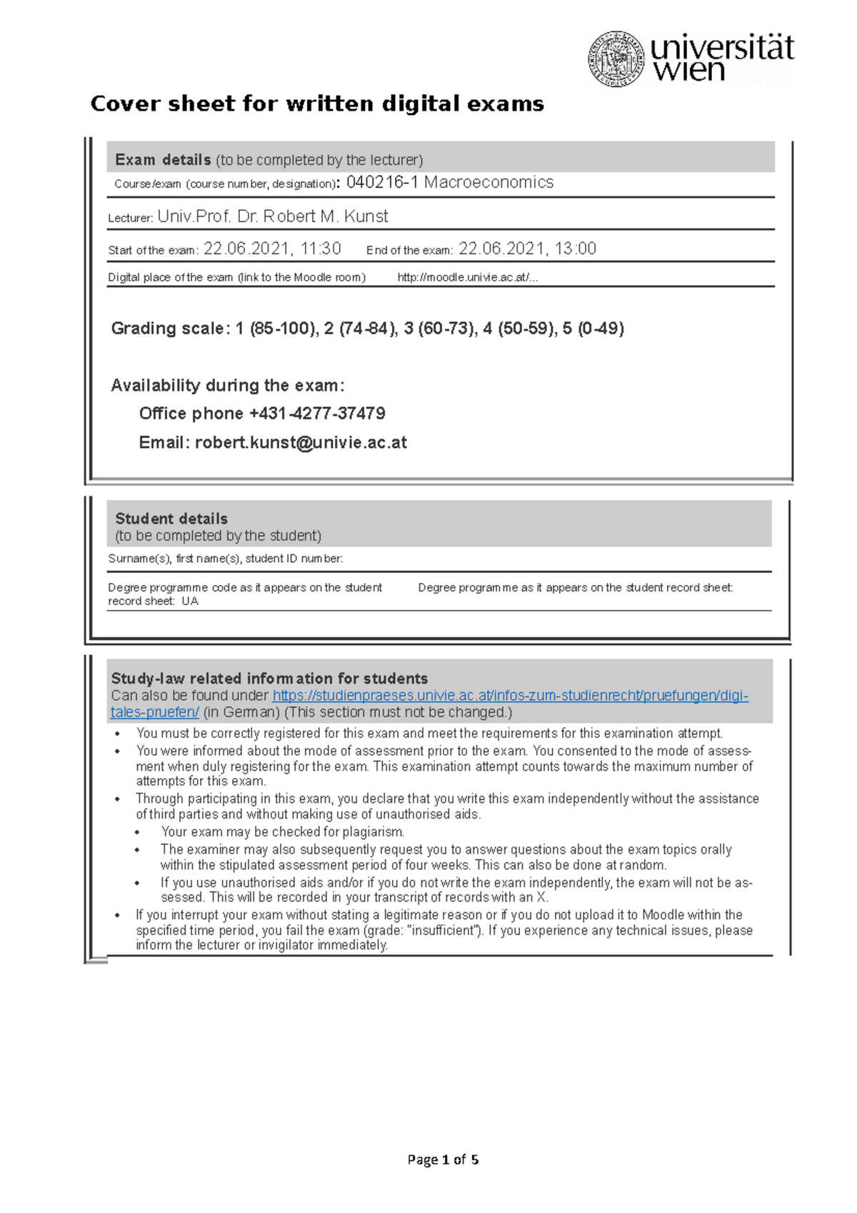 Digital Exam Example 2021 WS Cover sheet for written digital exams