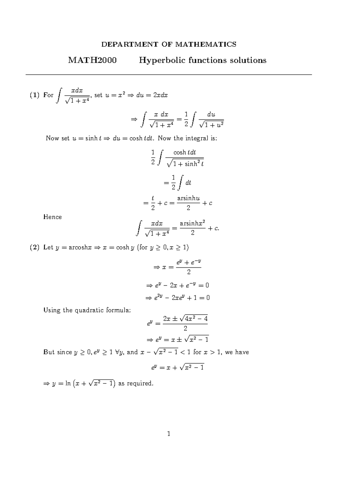 HBFsols - Hyperbolic Functions (solutions) - DEPARTMENT OF MATHEMATICS ...