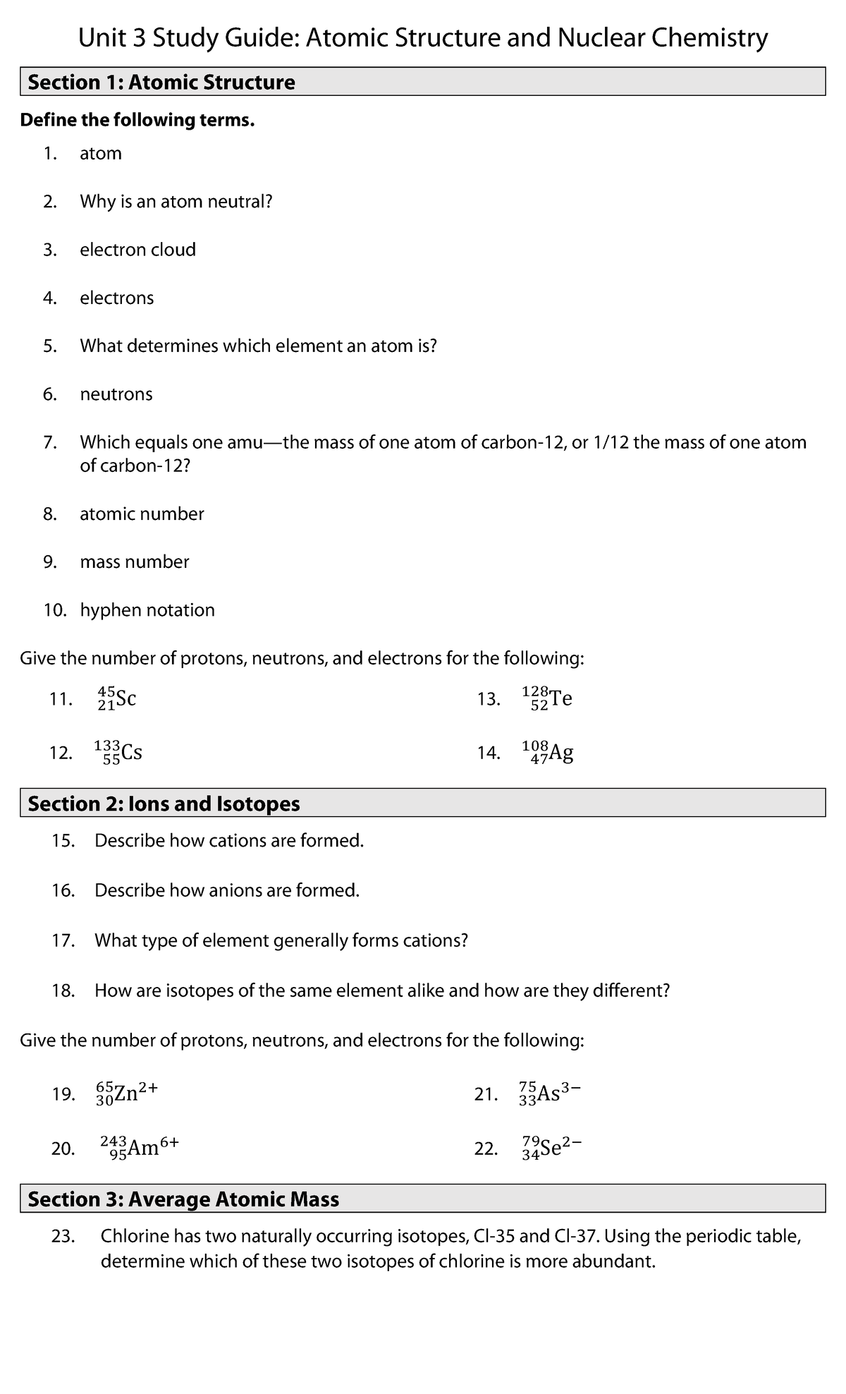 Unit 3 Study Guide - Unit 3 Study Guide: Atomic Structure and Nuclear ...
