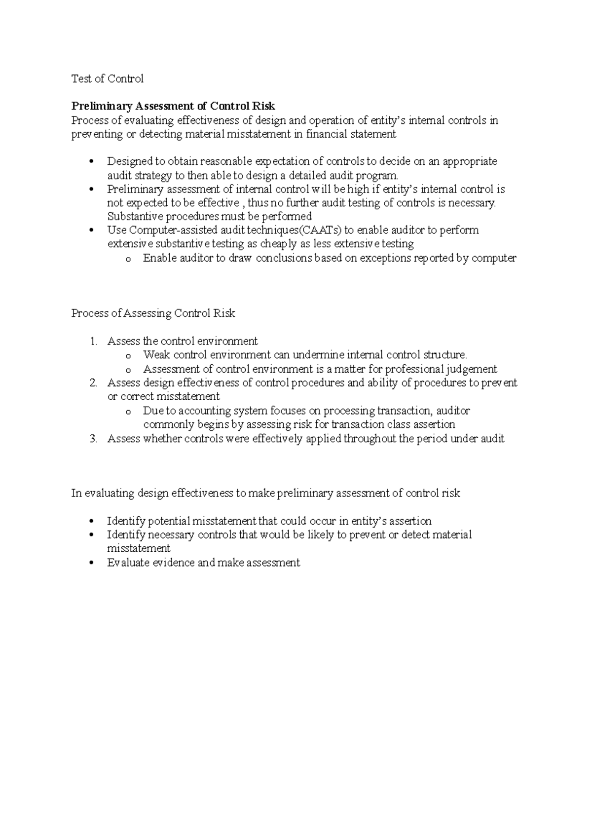 Lecture 8 - Test of Control Preliminary Assessment of Control Risk ...
