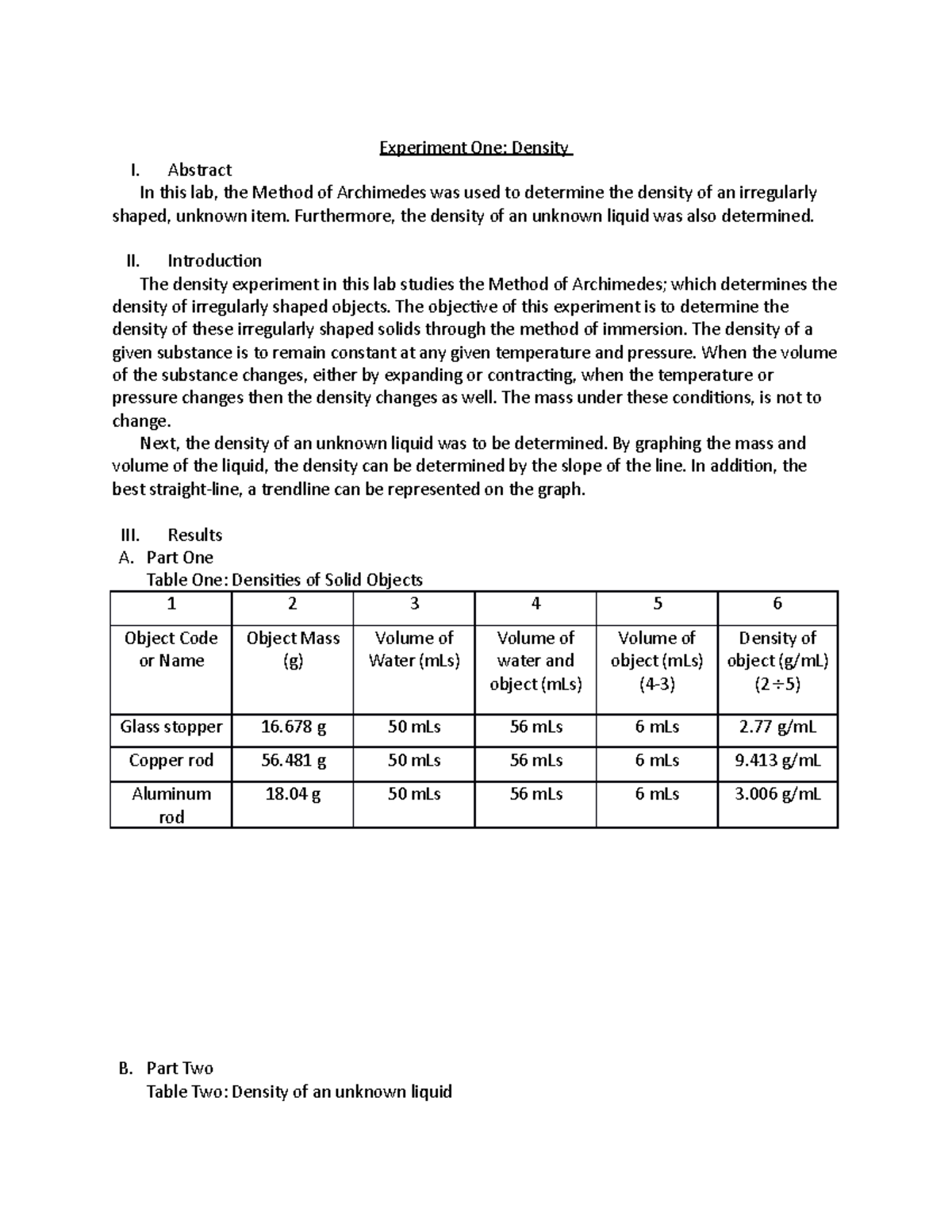 Density Lab chemistry for health studies labs Experiment One
