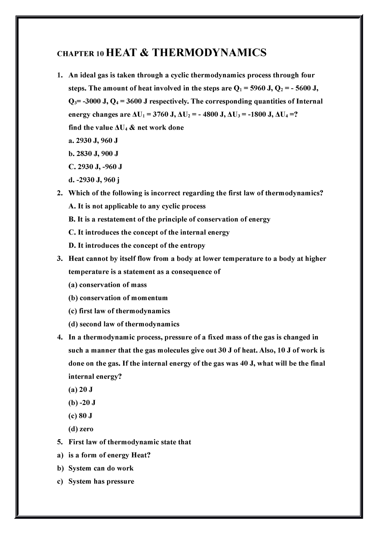 MCQs - Abc - CHAPTER 10 HEAT & THERMODYNAMICS An Ideal Gas Is Taken ...