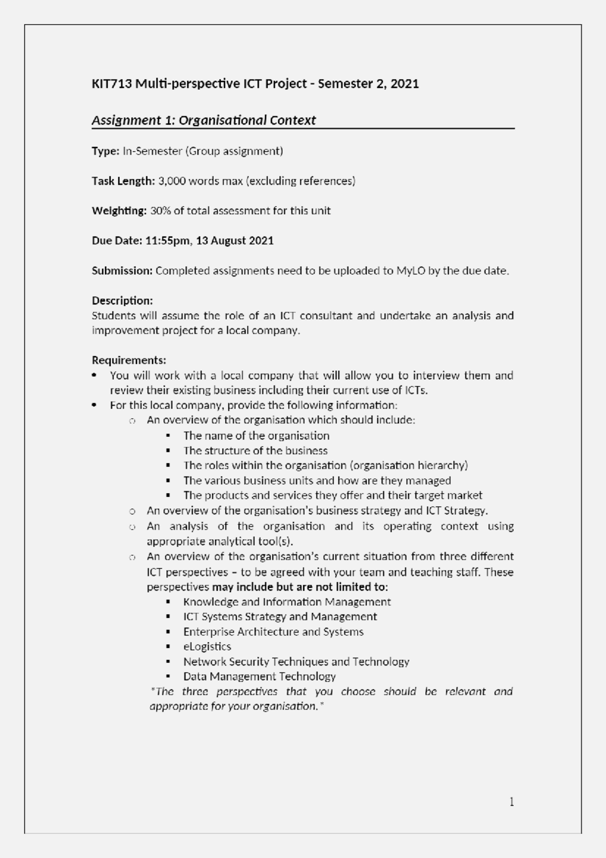 KIT713 Assignment 1 S2 2021 - KIT713 Multi-perspective ICT Project ...