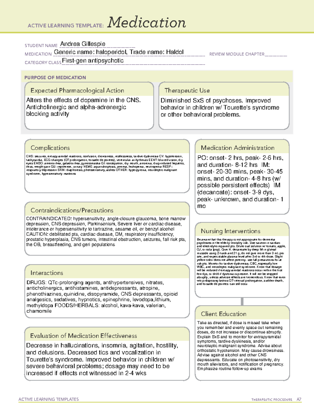 ATI Medicationhaloperidol ACTIVE LEARNING TEMPLATES TherapeuTic