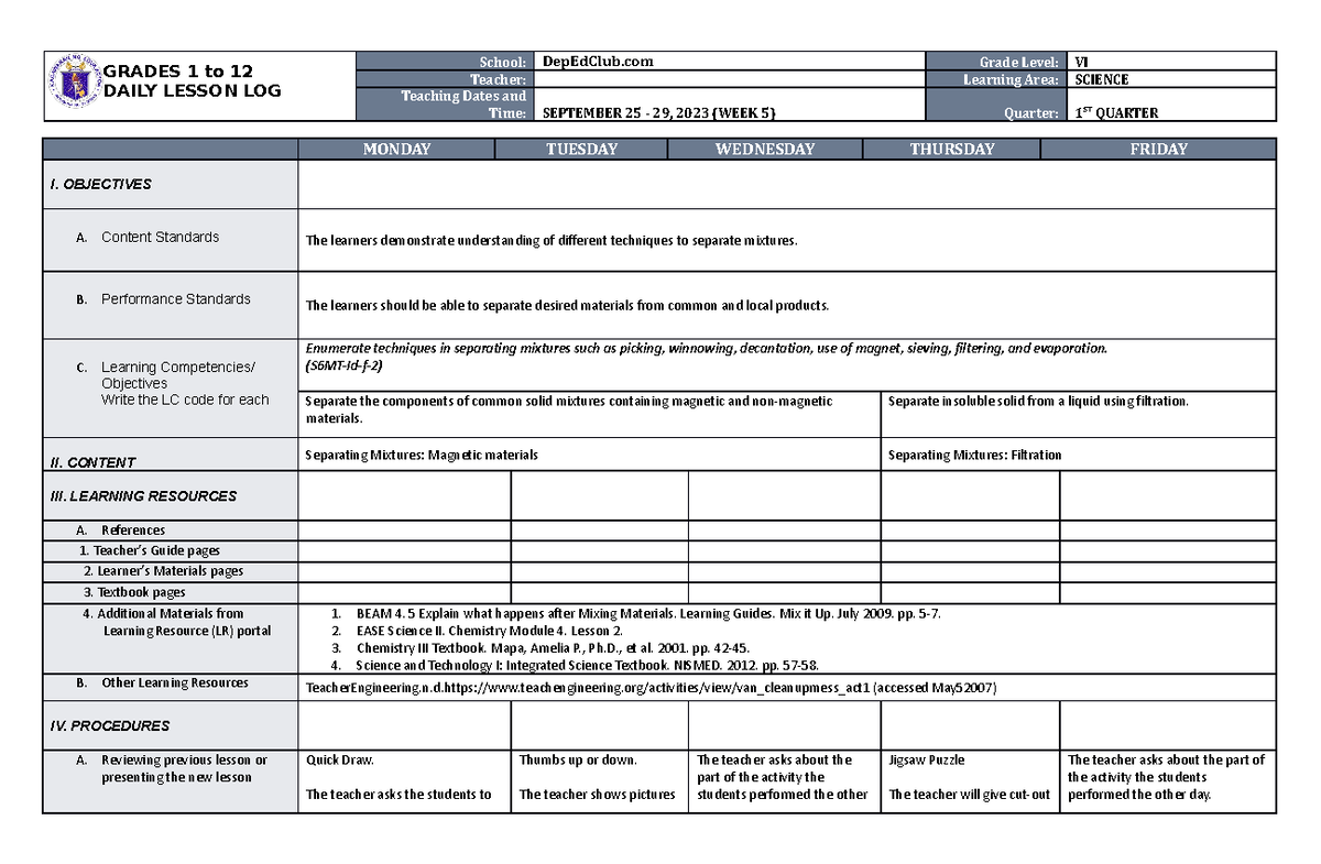 DLL Science 6 Q1 W5 - GRADES 1 to 12 DAILY LESSON LOG School: DepEdClub ...