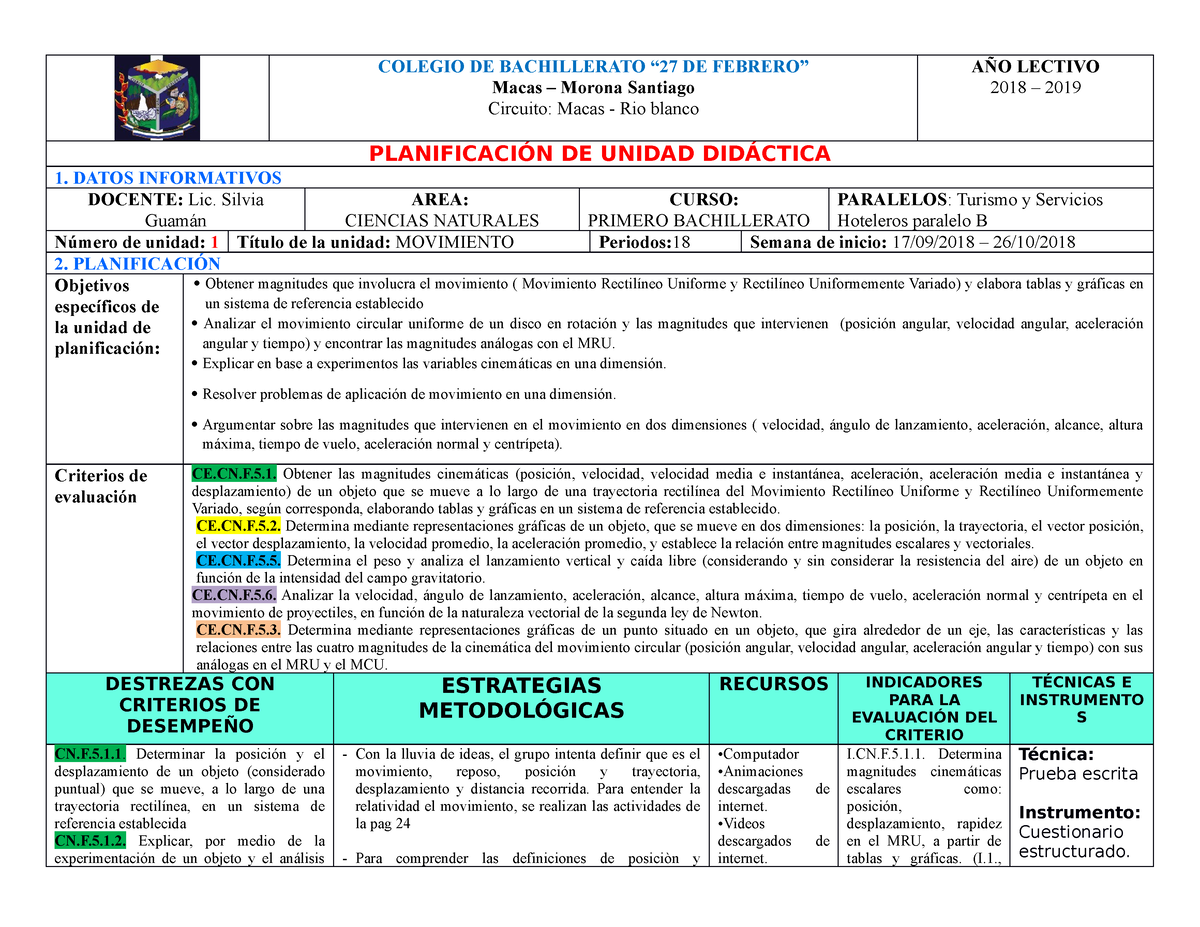 PUD 1 Física 1RO Bachillerato - COLEGIO DE BACHILLERATO “27 DE FEBRERO ...