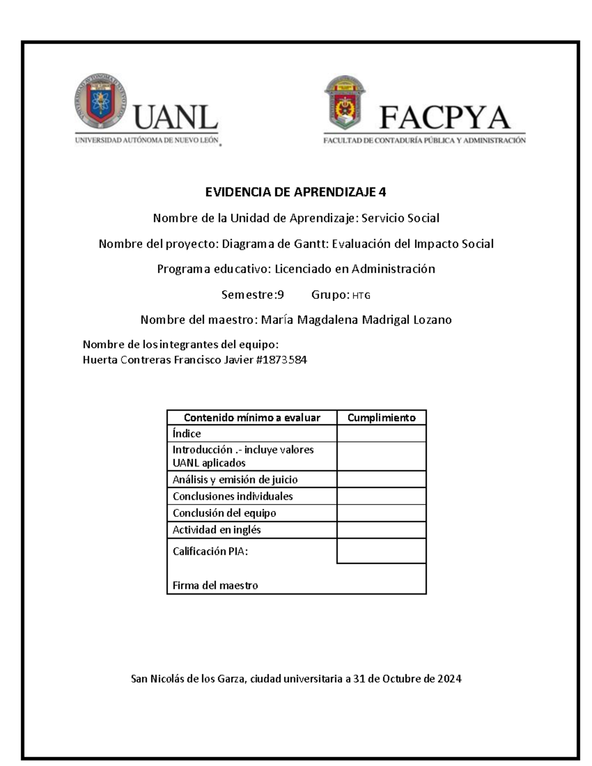 1 - apuntes - EVIDENCIA DE APRENDIZAJE 4 Nombre de la Unidad de ...
