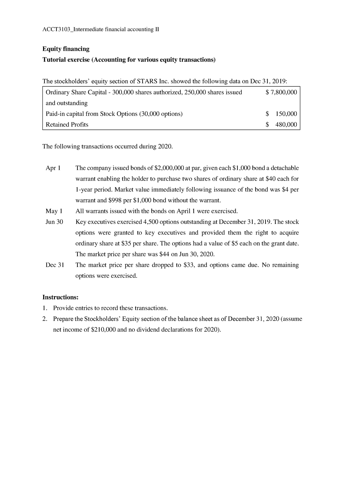 2. Tutorial Exercise Equity Financing With Solutions - ACCT3103 ...