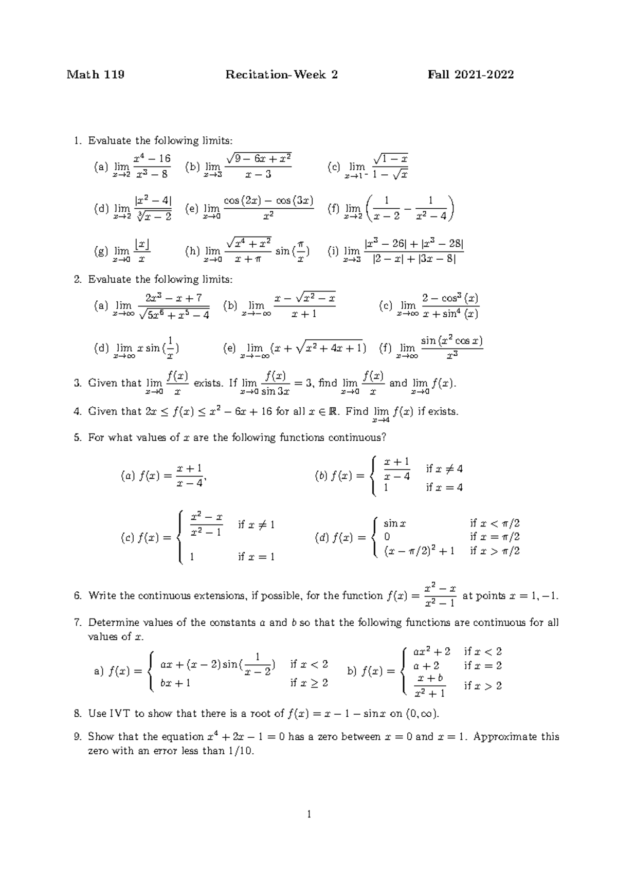 Recitation Problems 2 - Week 02 - Math 119 Recitation-Week 2 Fall 2021 ...