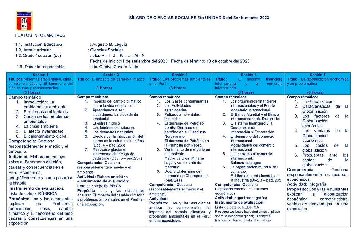 Sílabo DE Ciencias Sociales 2023 - 5to - SÍLABO DE CIENCIAS SOCIALES ...