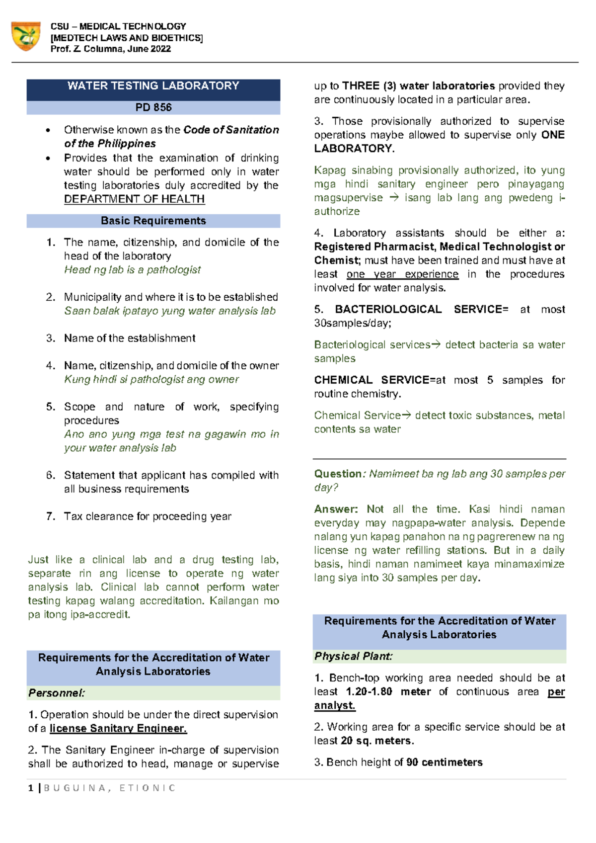 Water Testing Laboratory - CSU – MEDICAL TECHNOLOGY [MEDTECH LAWS AND ...