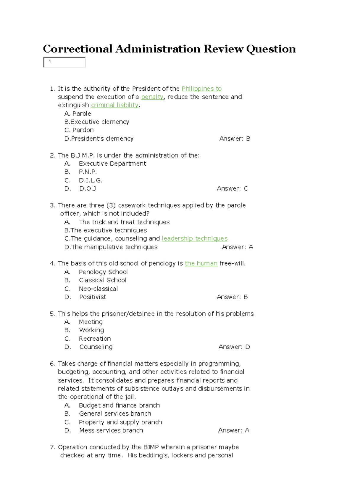 Correctional Administration Review Question - A. Parole B Clemency C ...