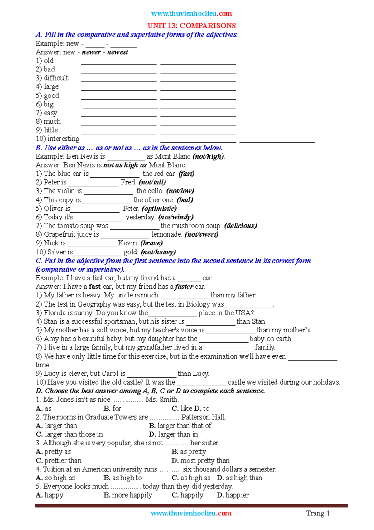 Comparison exercises - UNIT 13: COMPARISONS A. Fill in the comparative ...