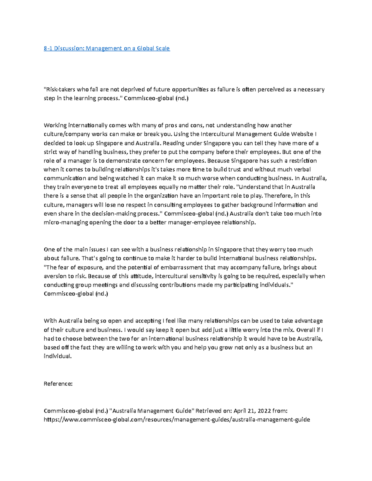 8-1 Discussion Management on a Global Scale - 8-1 Discussion ...