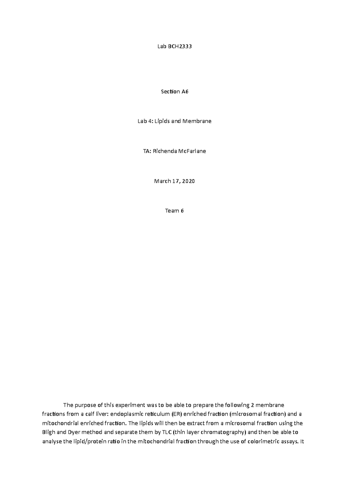 BCH2333 Lab - 2020L4S06G6 RM - Lab BCH Section A Lab 4: Lipids and ...