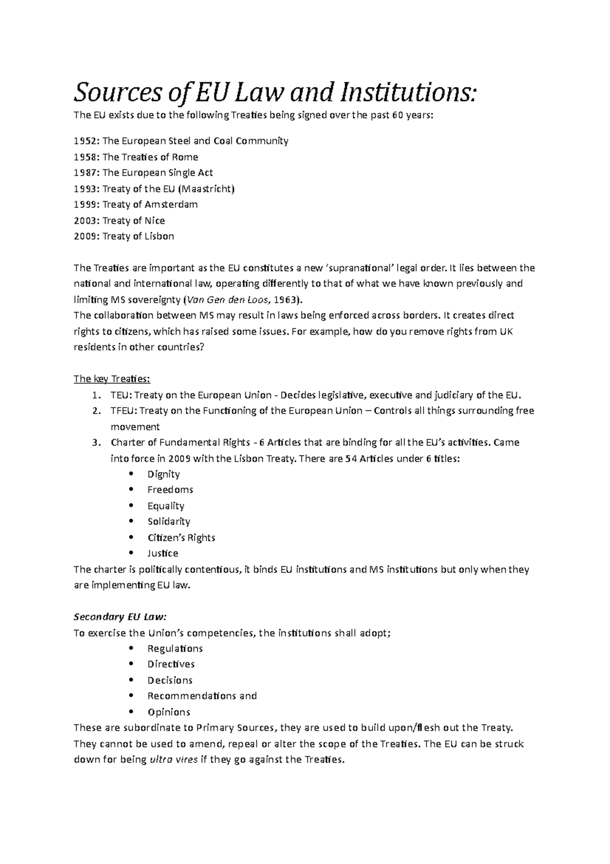 EU Revision notes - Topics: Sources of EU law and institutions EU law ...