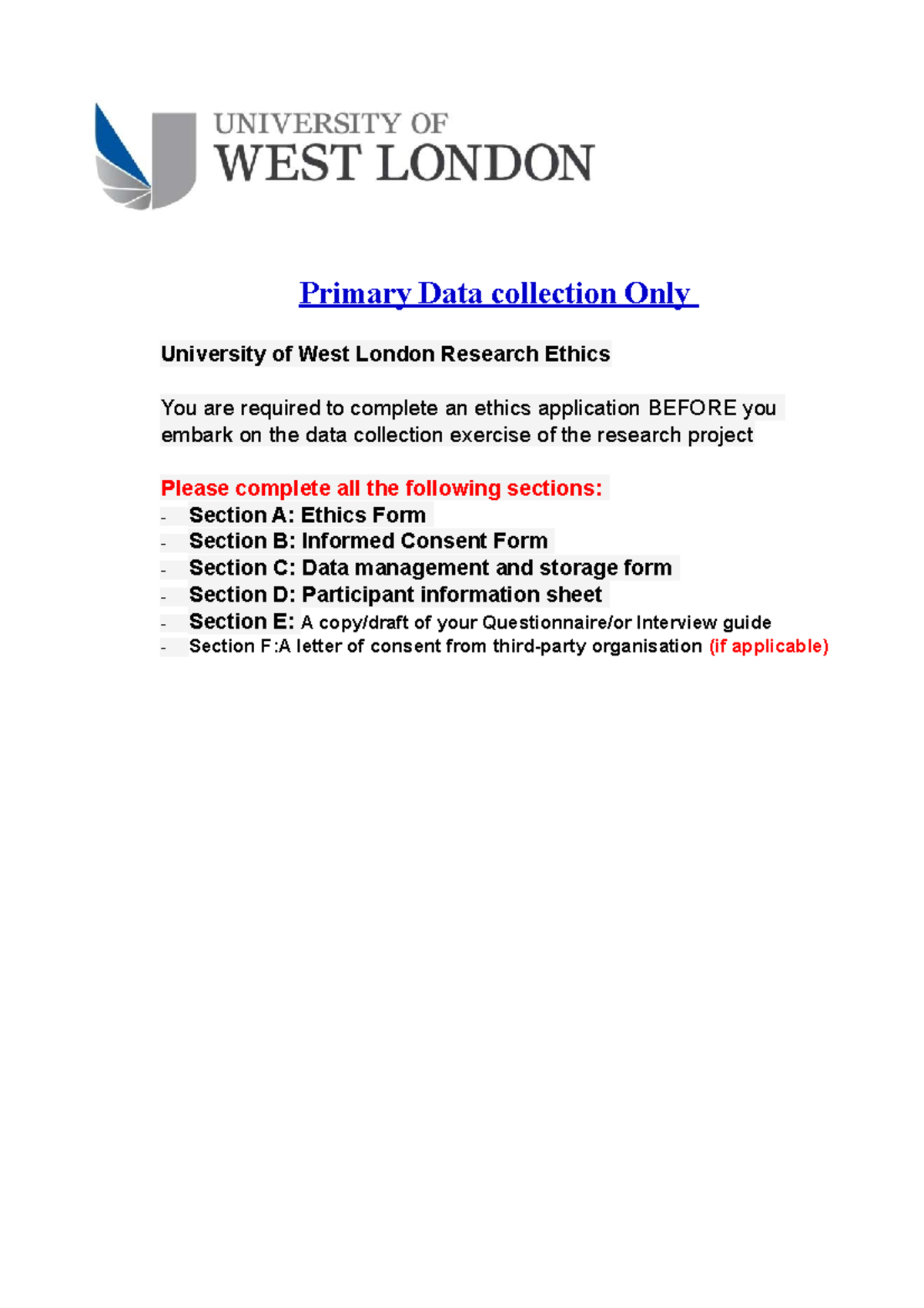 Ethics FORM Primary Data collection - Primary Data collection Only ...