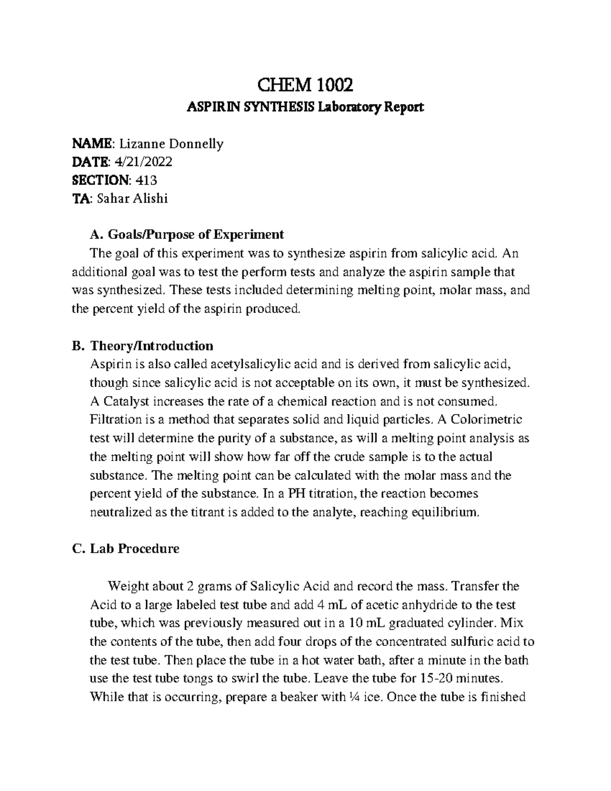 Detailed lab report aspirin lab CHEM 1002 ASPIRIN SYNTHESIS