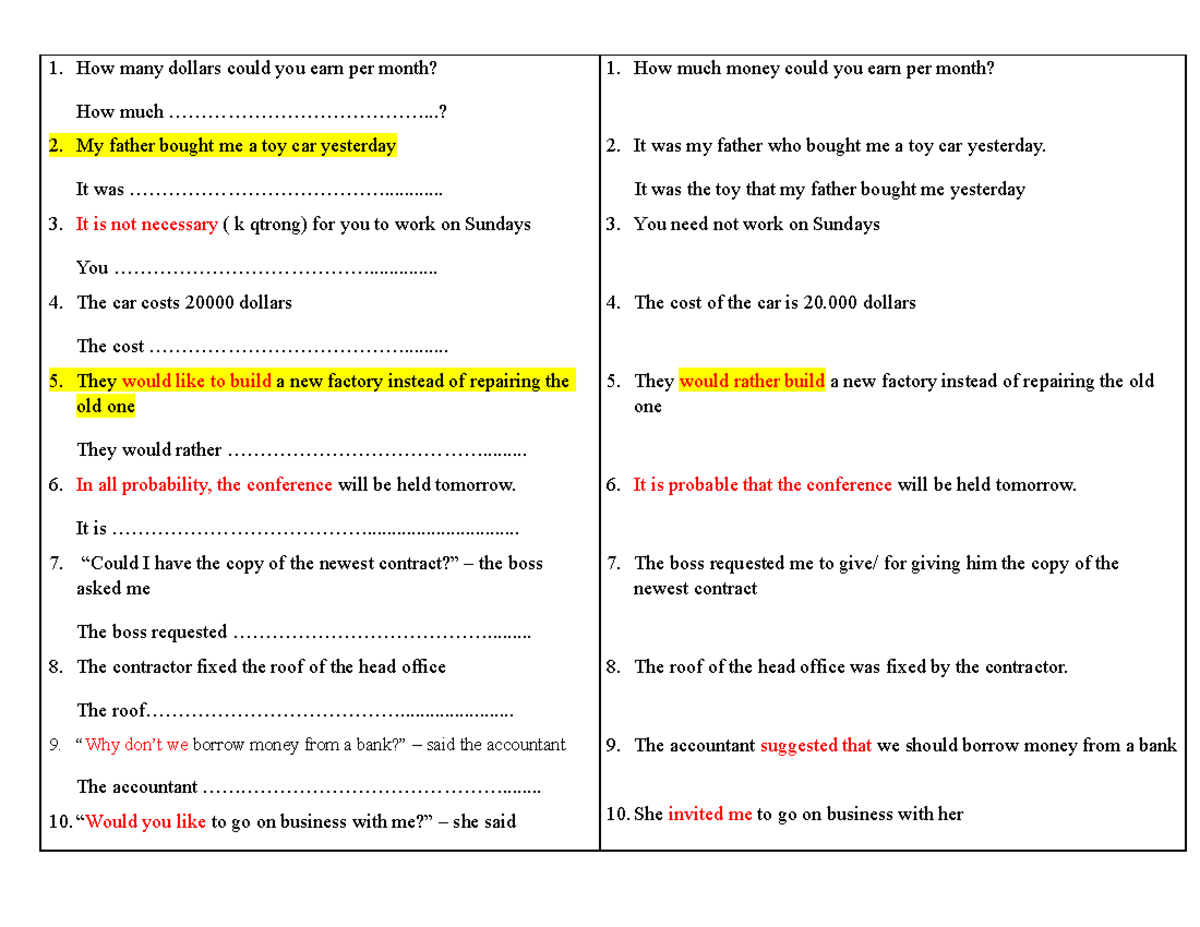 Rewrite Sentences How many dollars could you earn per month? How