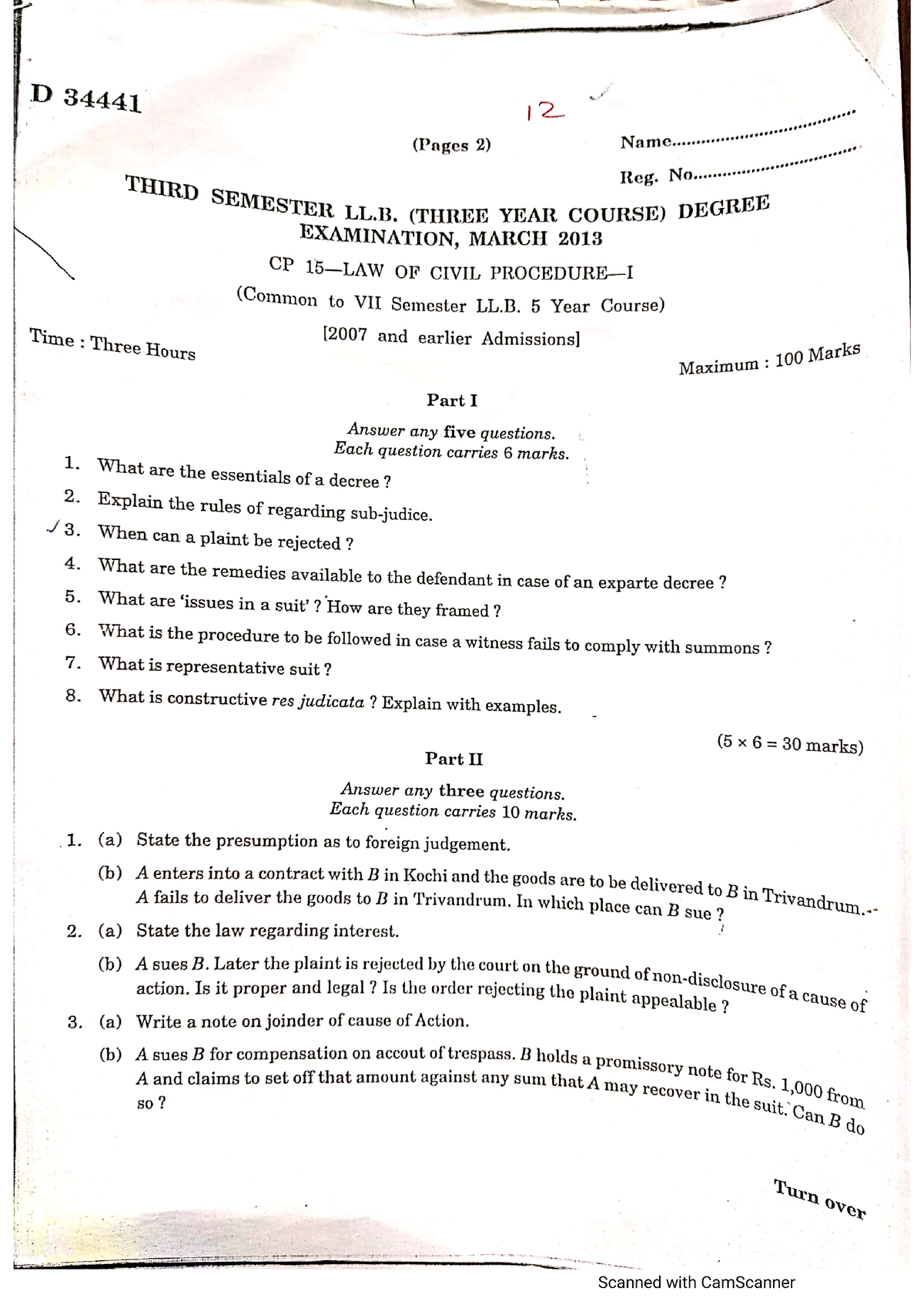 Cpc 3 rd sem Previous Question Papers LLB Studocu