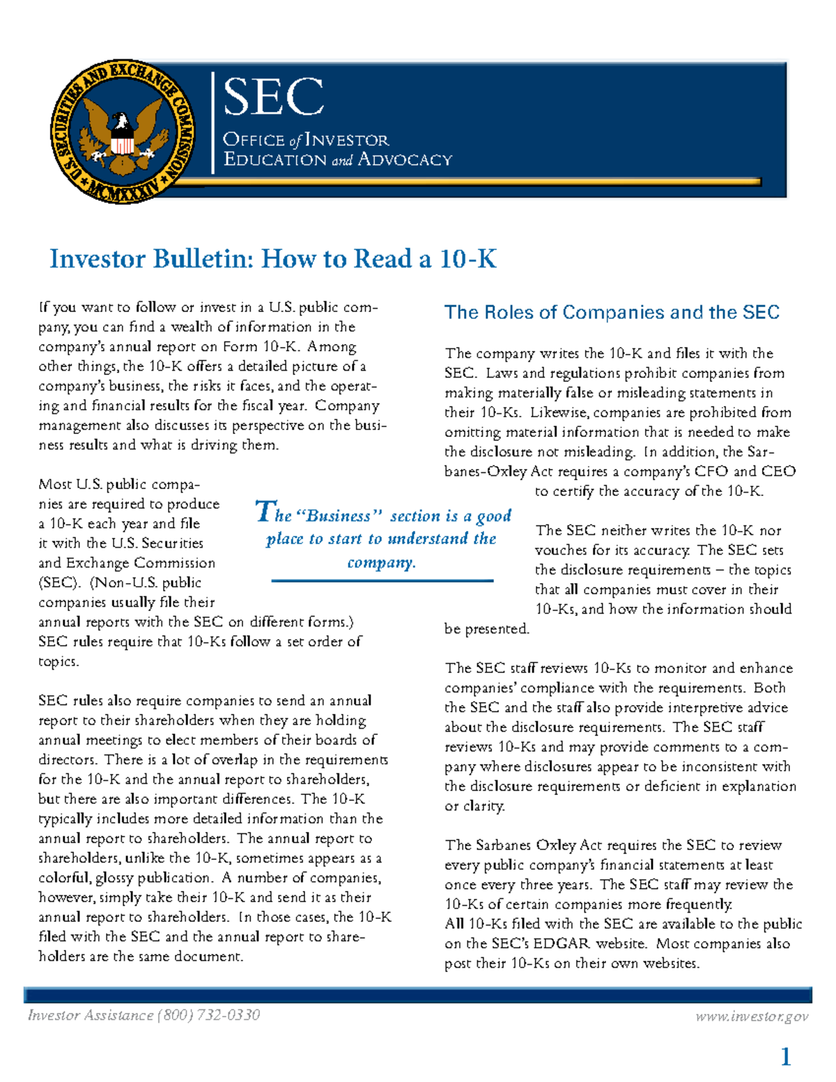SEC How to Read a 10K How to read 10K SEC OFFICE of INVESTOR