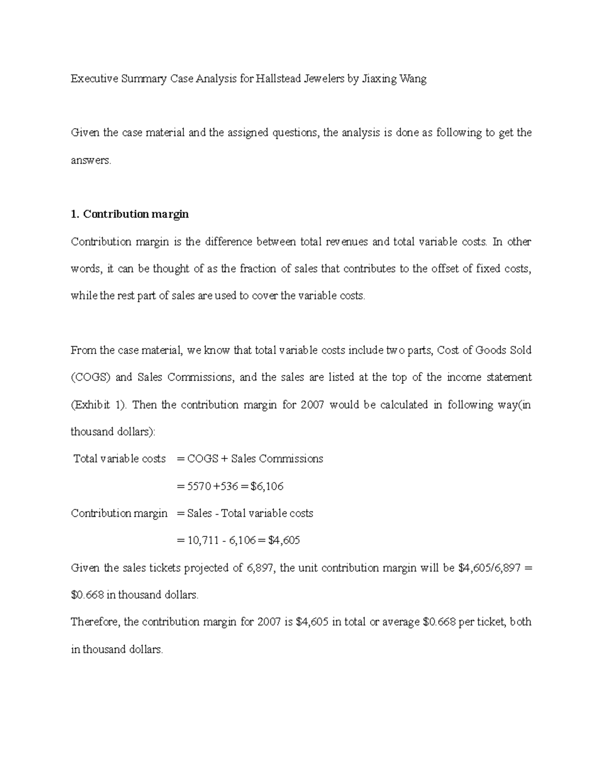 Hallstead Jewelers cma Executive Summary Case Analysis for Hallstead Jewelers by Jiaxing