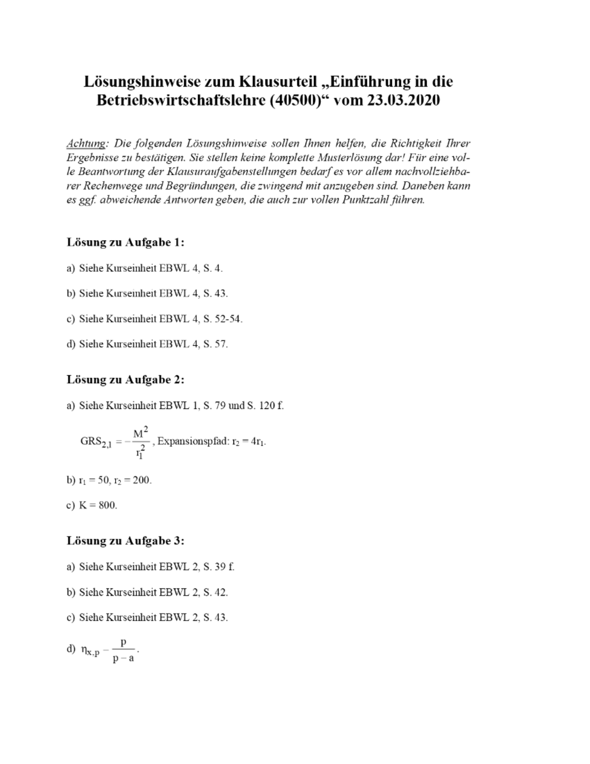 40500 Einführung In Die Betriebswirtschaftslehre Klausur WS 19/20 ...