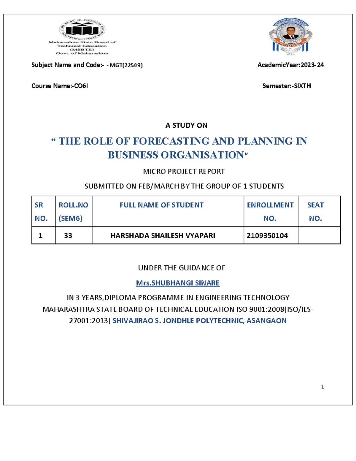 MGT microproject - Subject Name and Code:- MGT(22509) AcademicYear:2023 ...