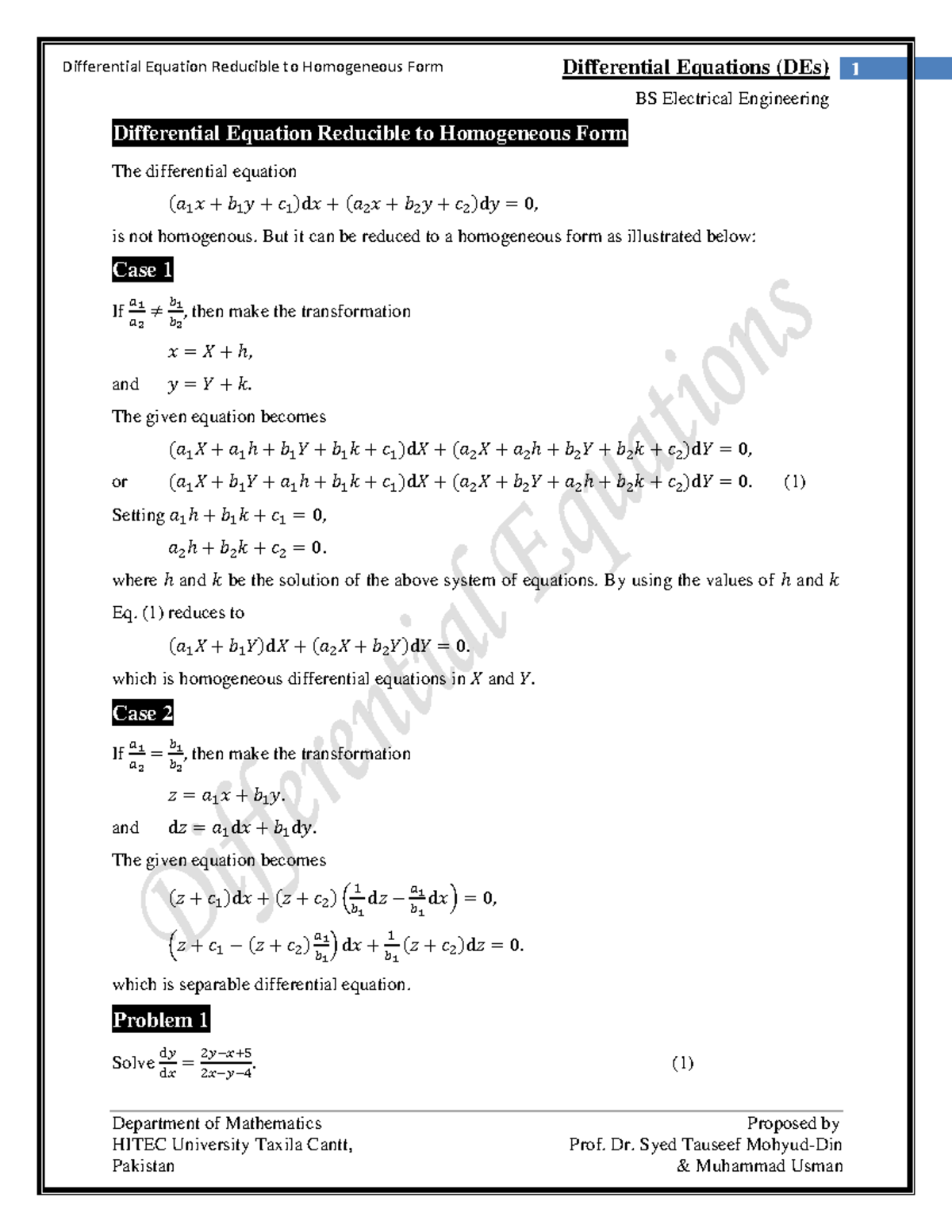 Reducible Homogeneous Differntial Equation - BS Electrical Engineering ...