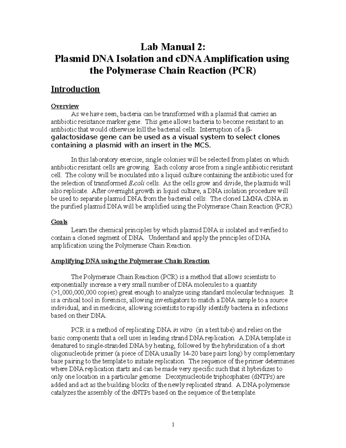 Lab Manual 2 - Plasmid DNA Isolation and c DNA Amplification using PCR ...