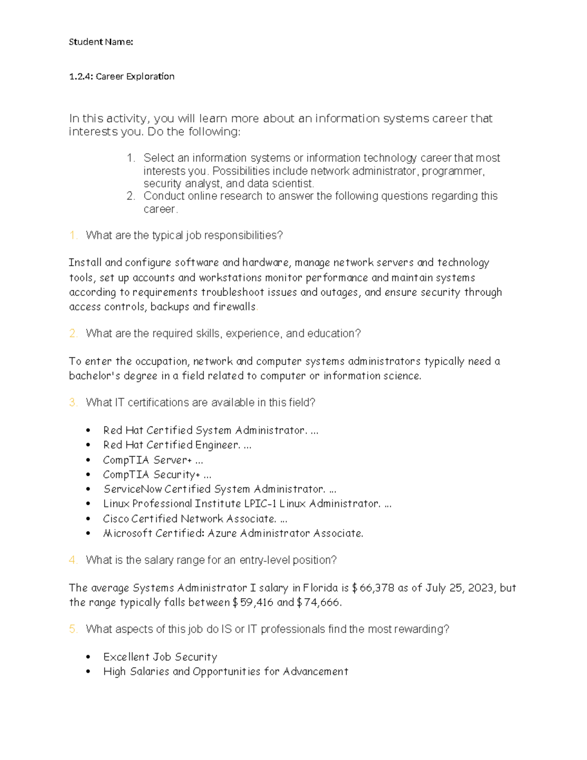 1.2.4 Career Exploration Assignment - Student Name: 1.2: Career ...