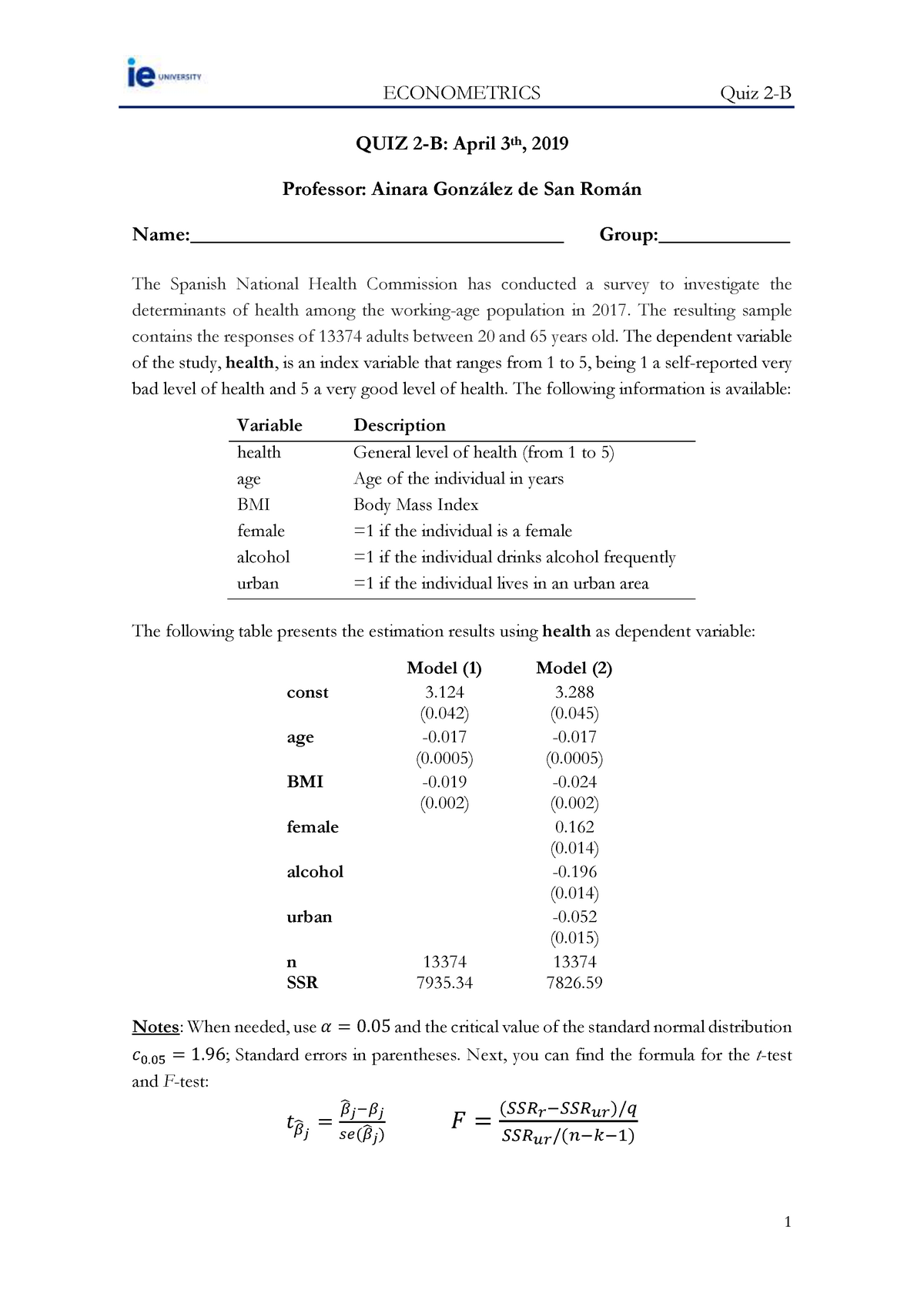 Quizz 2 Solution - Ejercicios Quiz Econometrics - ECONOMETRICS Quiz 2-B ...