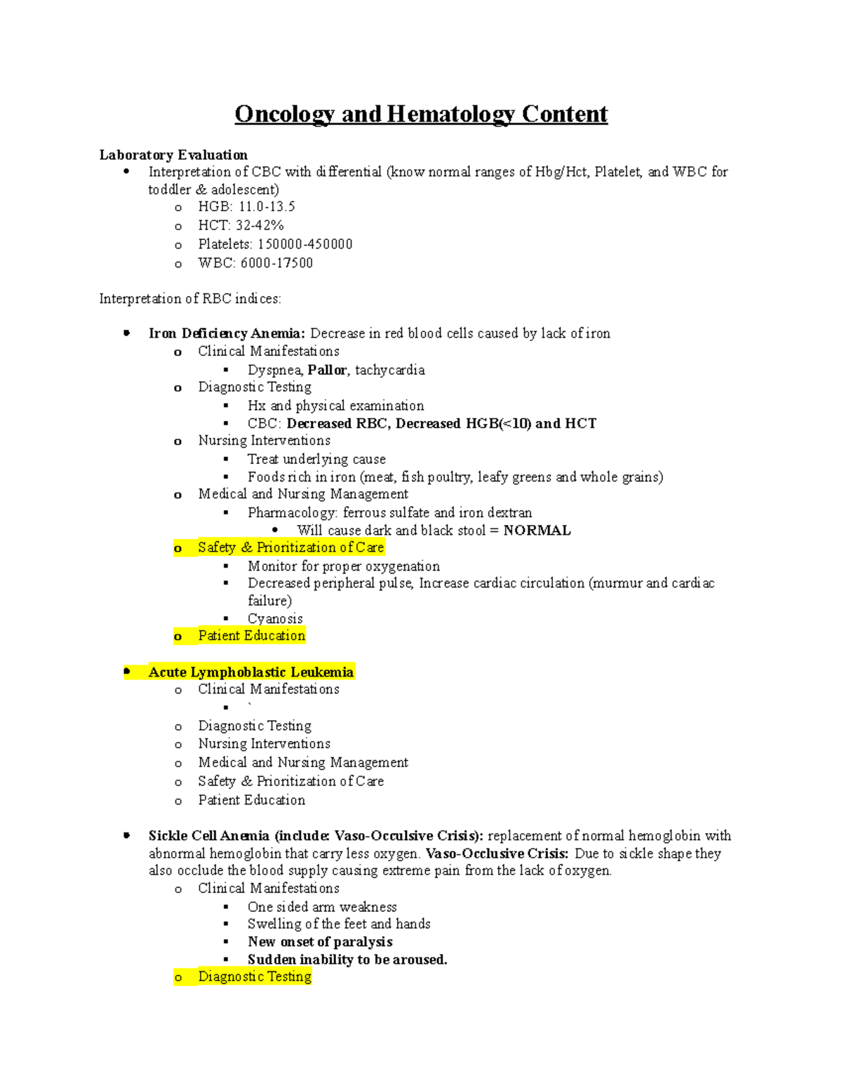 Peds Quiz 5 study guide - Oncology and Hematology Content Laboratory ...