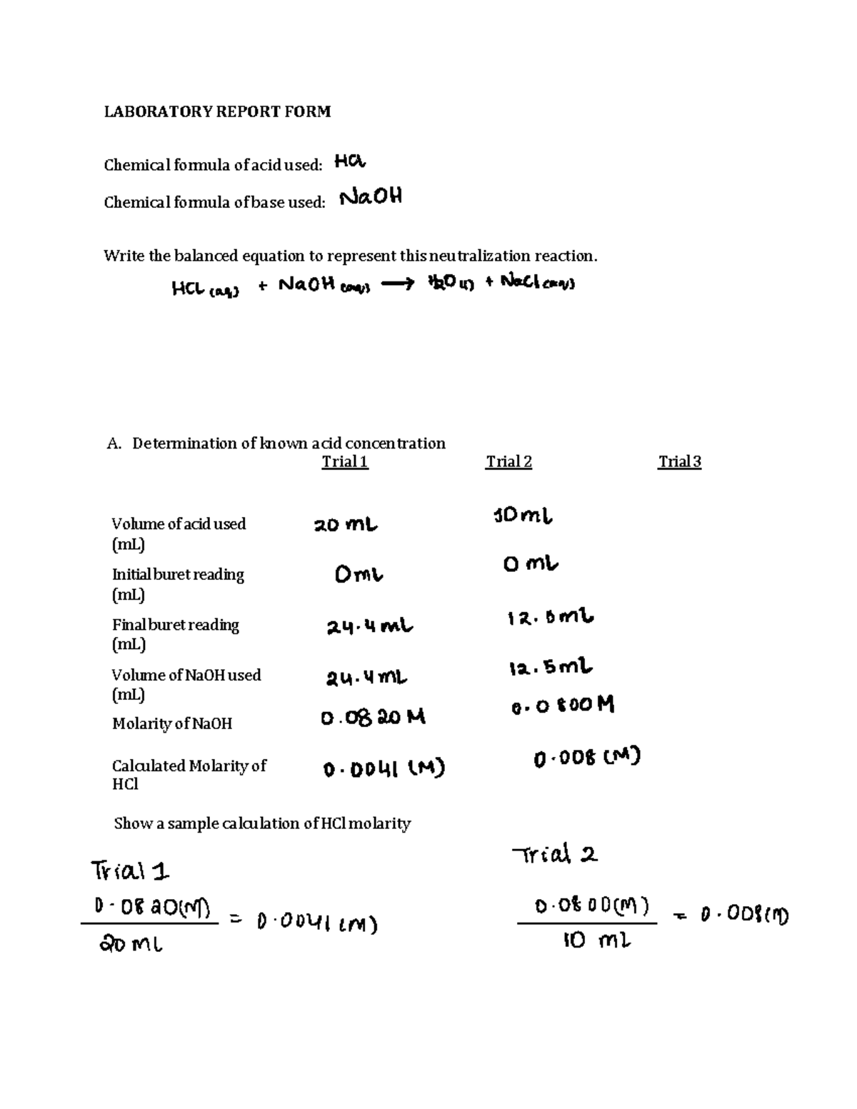 Laboratory Report Form 7 - LABORATORY REPORT FORM Chemical formula of ...