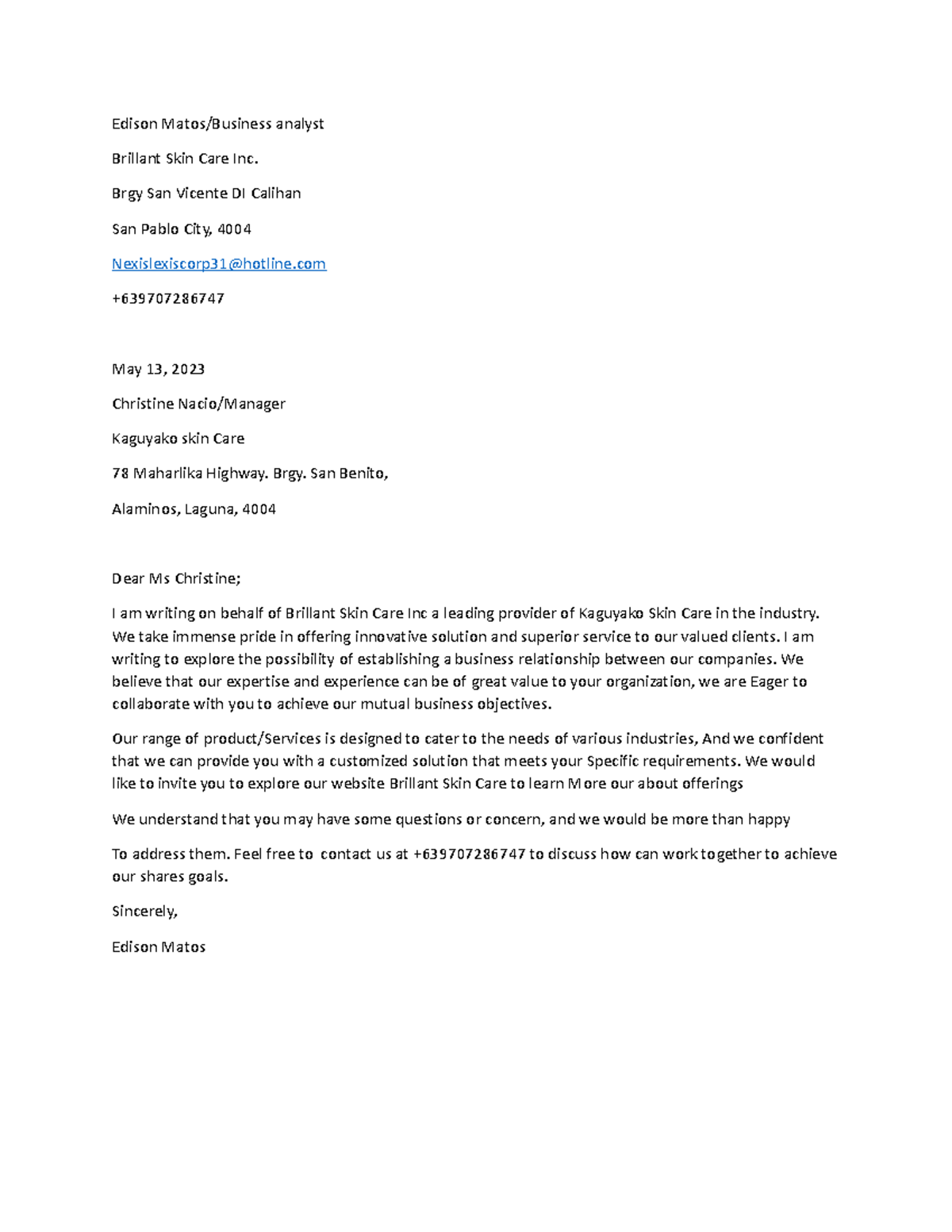 Business-Letter-Matosediosn - Edison Matos/Business analyst Brillant ...