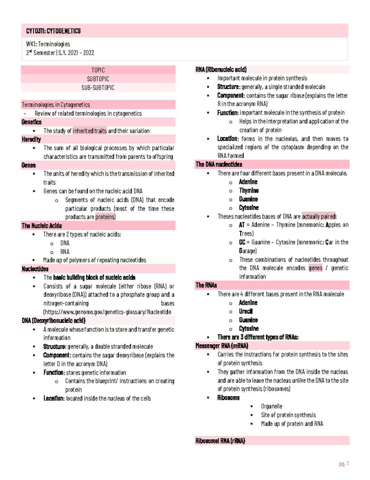 WK1 - Terminology - Cytogenetic Terminologies - pg. 1 TOPIC SUBTOPIC ...