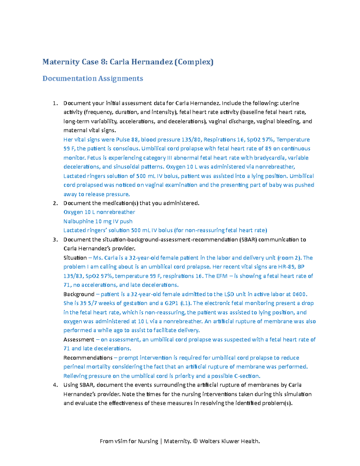 VSIM documentation for clinical practice Maternity Case 8 Carla Hernandez