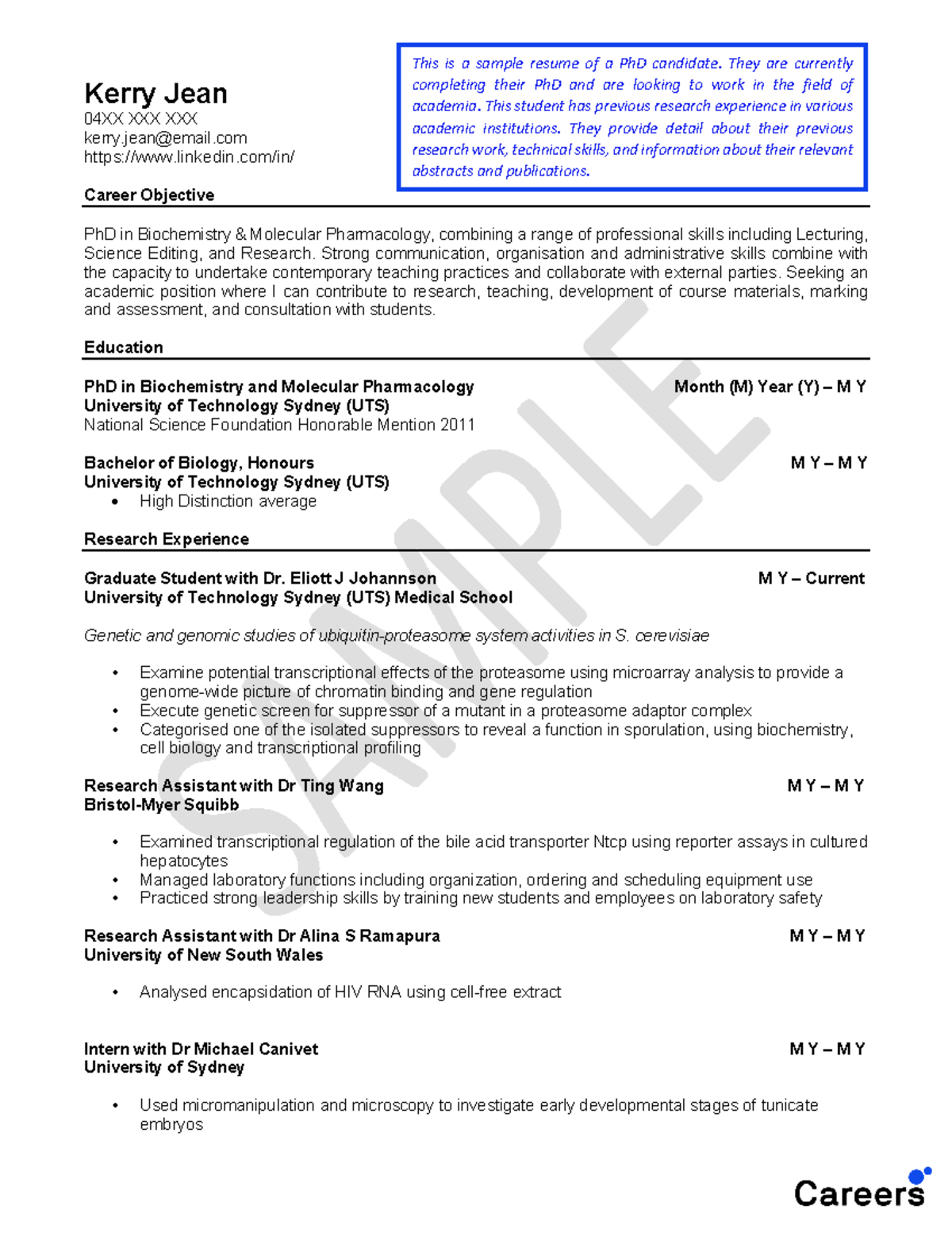 Resume Sample - Ph D Academia 1 - Kerry Jean 04XX XXX XXX kerry@email ...