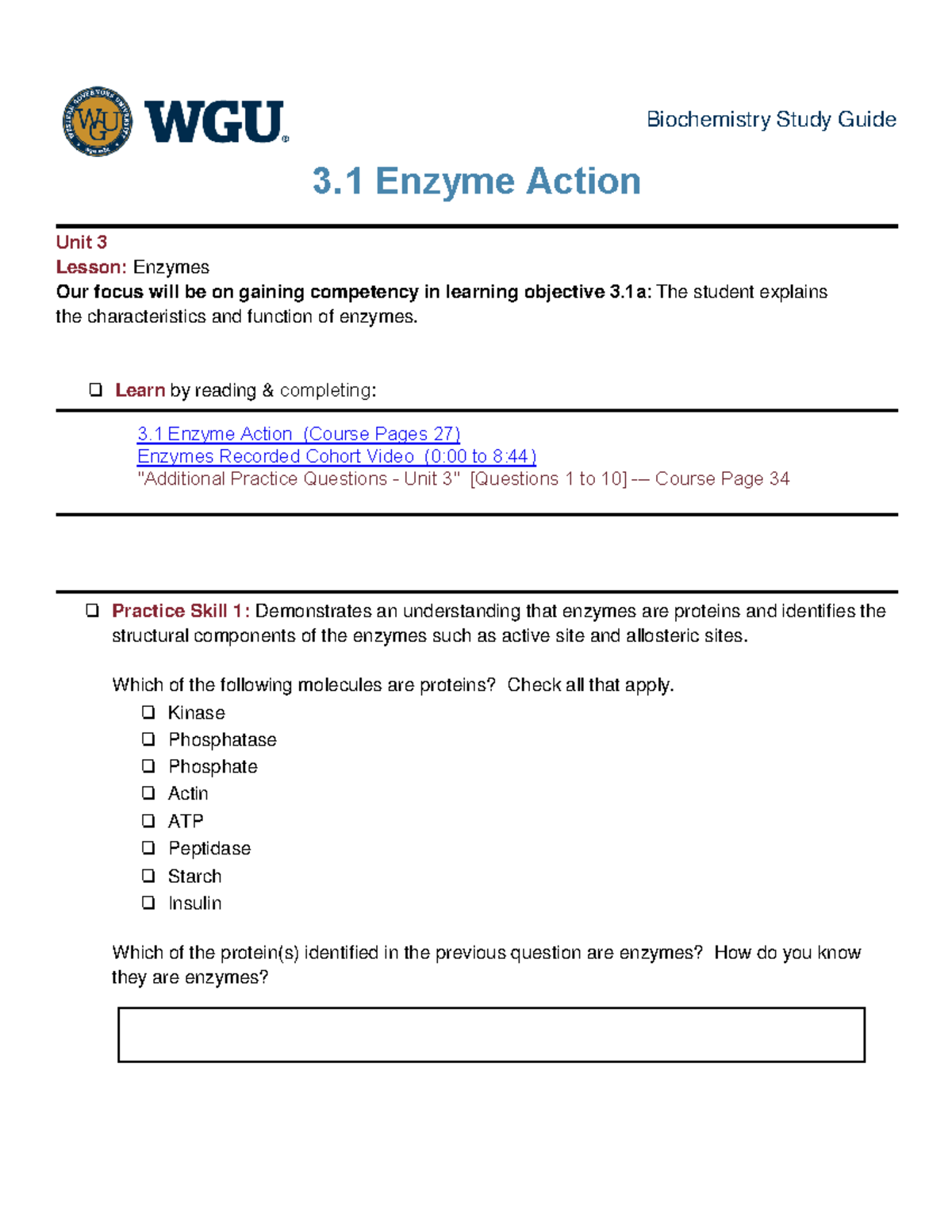 31 Enzyme Action Biochemistry Study Guide 3 Enzyme Action Unit 3